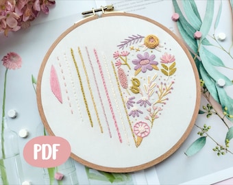 Beginner Love Embroidery PDF Pattern, Learning, Basic Stitches Tutorial, 20+ Dictionary stitch, +Video