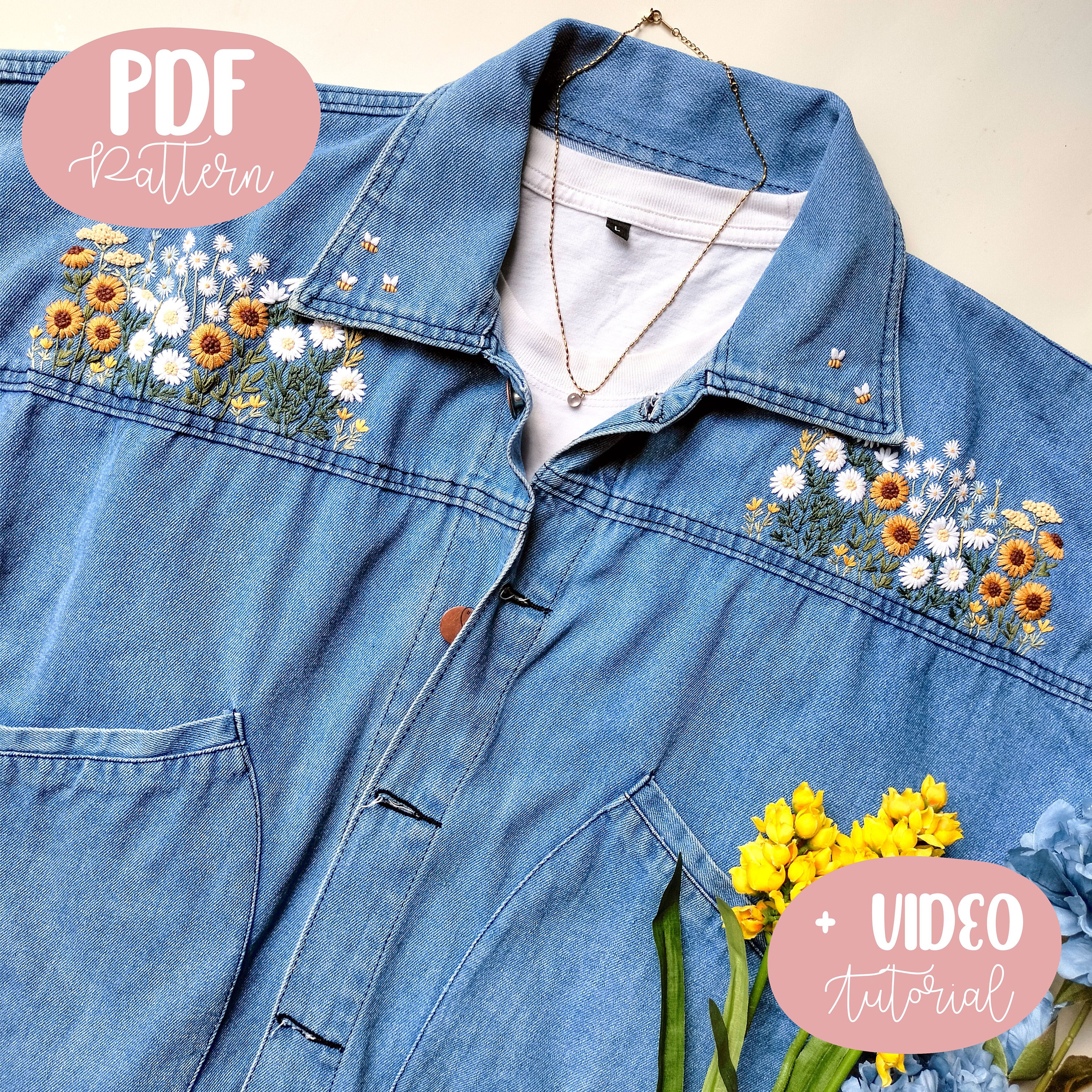 Floral Embroidery Pattern: Sunflower & Daisy Jeans Jacket (PDF
