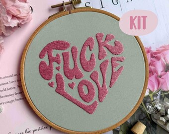 Fuck Love Embroidery Kit for Beginners - DIY Modern Heart Pattern - Sarcastic Breakup Gift - Subversive