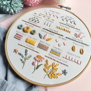 May include: A white embroidery hoop with a variety of embroidery stitches, including straight stitch, running stitch, back stitch, French knot, split stitch, rose stitch, satin stitch, basket stitch, long and short stitch, blanket stitch, whipped back stitch, lazy daisy, chain stitch, and woven oval. The stitches are embroidered in pink, yellow, and blue thread.