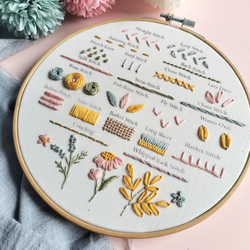 May include: A white embroidery hoop with a variety of embroidery stitches, including straight stitch, running stitch, back stitch, French knot, split stitch, rose stitch, satin stitch, basket stitch, long and short stitch, blanket stitch, whipped back stitch, lazy daisy, chain stitch, and woven oval. The stitches are embroidered in pink, yellow, and blue thread.