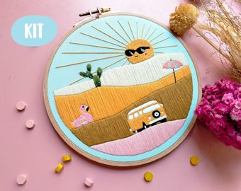 Summer, sun, flaminggo, cactus, & van embroidery KIT for beginner, easy, modern, fuunny + video Tutorial