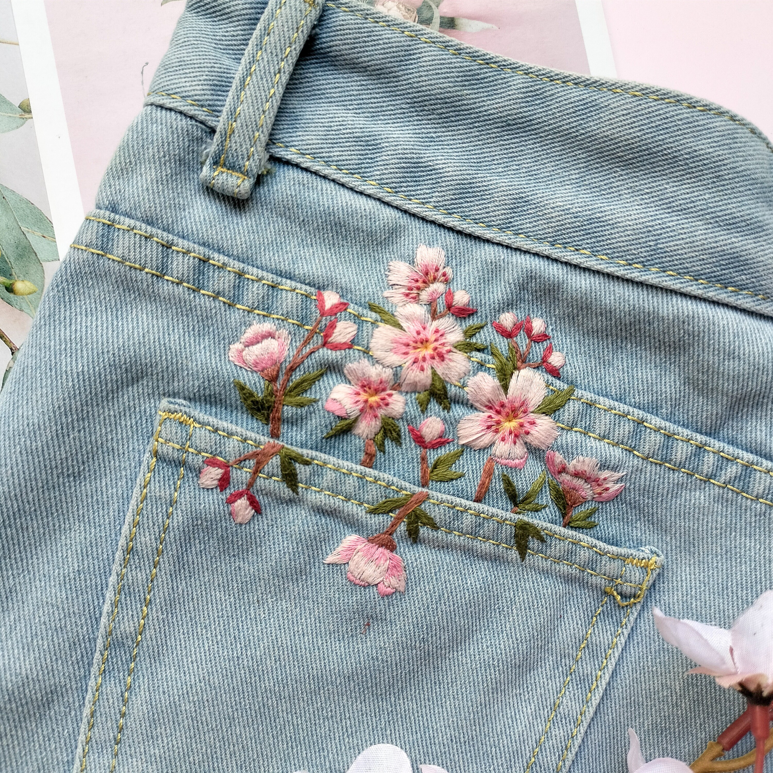 桜刺繍キット：ジーンズポケットの桜デザイン＋動画 - Etsy 日本