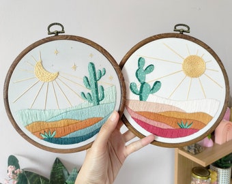 Mountains Embroidery Hoop Art: Desert Cactus Decor, Set of 2