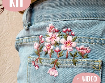 SATORI ジーンズ　桜刺繍　パッチワーク　ダメージ　三連ポケットデニム　30 桜刺繍キット：ジーンズポケットの桜デザイン＋動画 - Etsy 日本