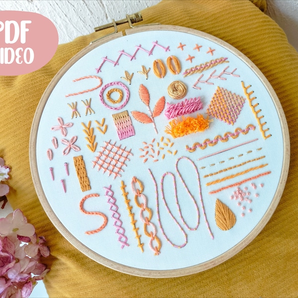 Beginner Embroidery PDF Pattern, Basic Stitches Tutorial, 35+ Dictionary stitch, +Video