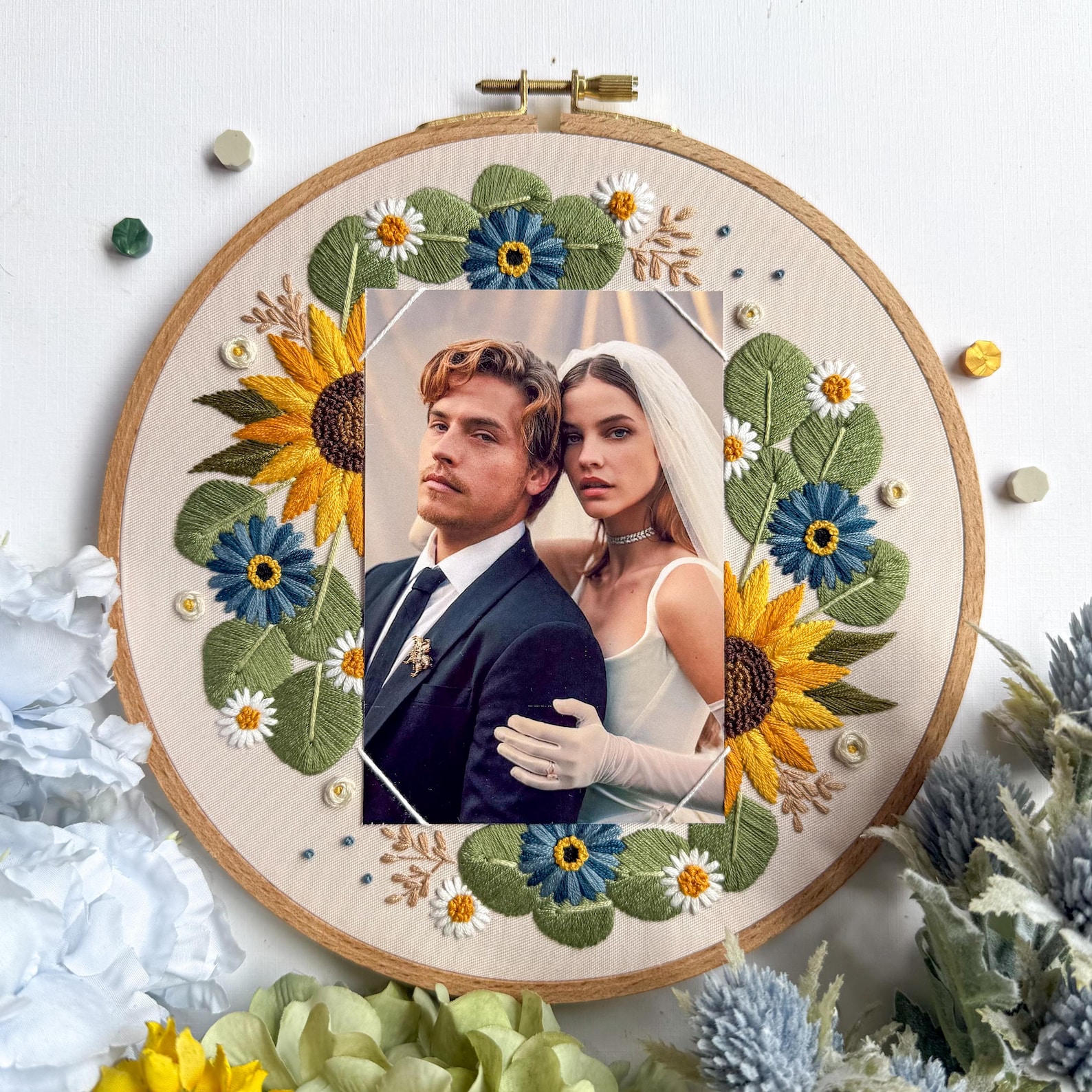Photo Frame Embroidery Pattern Floral Photo Frame Embroidery Pattern, Wedding Keepsake DIY, Sunflower ...
