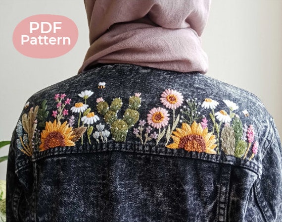 ジーンズジャケット用花柄刺繍パターン：初心者向けDIY（PDFパターン