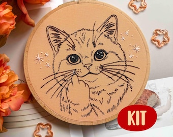 Complete Sassy Cat Embroidery Kit - Funny Kitten Giving Middle Finger - Subversive Hand Stitching Kit