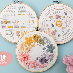 Triple Pdf Pattern for beginner, set of 3 basic embroidery stitch tutorial, digital pattern, stitch sample