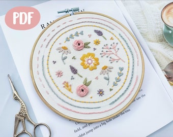 Beginner Embroidery Flower PDF Pattern, Basic Stitches Tutorial,+Video