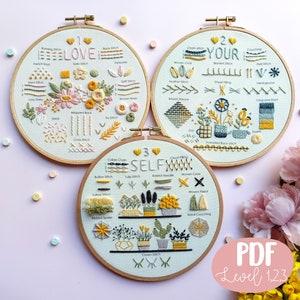 Può includere: Tre cerchi da ricamo con tessuto blu chiaro e telai in legno. Ogni cerchio presenta un diverso disegno floreale con vari punti di ricamo. I cerchi sono etichettati con "I Love", "Your" e "Self" con i nomi e i numeri dei punti corrispondenti. Il testo "PDF Level 1,2,3" è visibile nell'angolo in basso a destra.