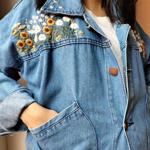 デニムジャケット用ひまわりとデイジーの花の刺繍キット - Etsy 日本