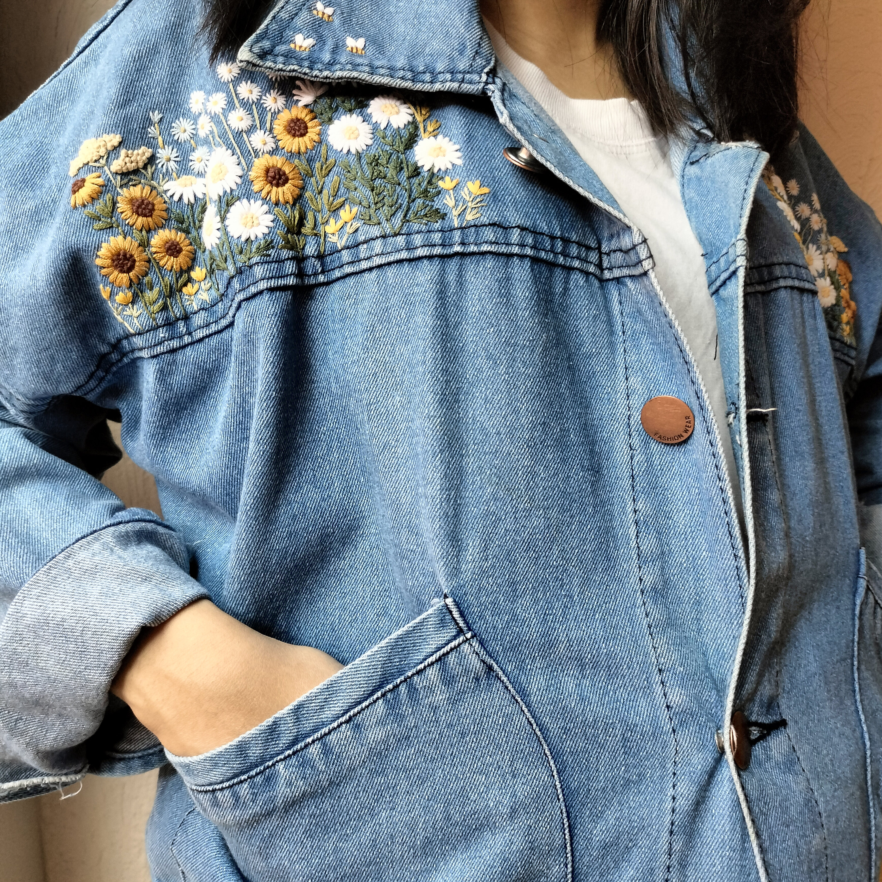 デニムジャケット用ひまわりとデイジーの花の刺繍キット - Etsy 日本