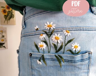 Daisy Flower Embroidery Pattern for Pocket Jeans, PDF Pattern, Digital download + Video Tutorial for Beginner