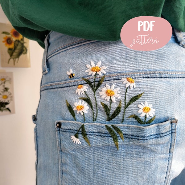 Daisy Flower Stickmuster für Pocket Jeans, PDF Pattern, Digitaler Download + Video Tutorial für Anfänger
