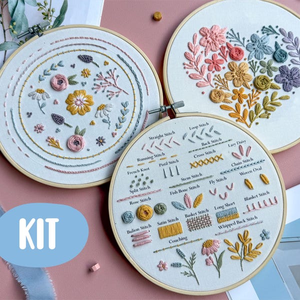 Triple Embroidery Starter Kit: Set of 3 + Video Tutorial for beginner