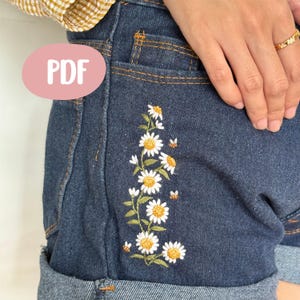 daisyflower Embroidery Pattern for Pocket Jeans, PDF Pattern, Digital download + Video Tutorial for Beginner