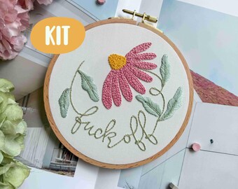 Fuck Off Floral Embroidery Kit - Subversive Flower DIY Kit for Beginners - Sarcastic Feminist Gift