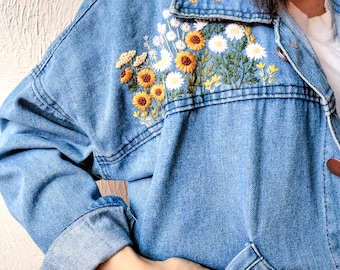 デニムジャケット用ひまわりとデイジーの花の刺繍キット - Etsy 日本