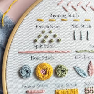 Pu&ograve; includere: Un campionario di ricamo in un telaio di legno su tessuto bianco con vari punti etichettati con testo nero, tra cui Running Stitch, French Knot, Pistil Stitch, Split Stitch, Rose Stitch e Satin Stitch in giallo, rosa, blu e verde.