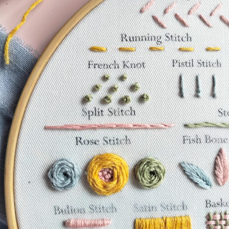 Pu&ograve; includere: Un campionario di ricamo in un telaio di legno su tessuto bianco con vari punti etichettati con testo nero, tra cui Running Stitch, French Knot, Pistil Stitch, Split Stitch, Rose Stitch e Satin Stitch in giallo, rosa, blu e verde.