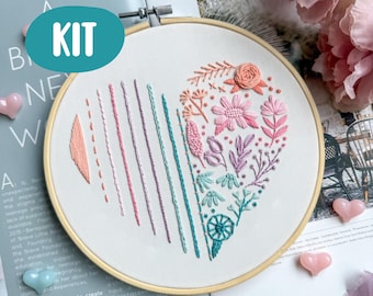 Beginner Embroidery Kit: Heart Floral Design, dictionary stitch + Video Tutorial