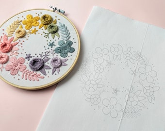 flower rainbow Embroidery Stitch Beginner Embroidery, printed Hand Embroidery, printed fabric