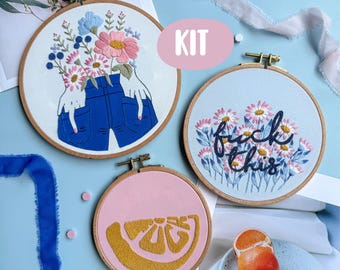 Triple Fuck Embroidery Kit: flower & lemon, Set of 3 + Video Tutorial for beginner