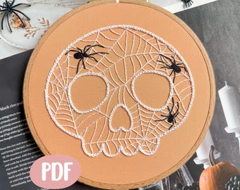 Heloween Embroidery Pattern: Skull & spider Design + video tutorial (PDF Pattern)