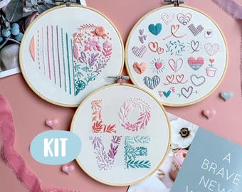 Triple Love Embroidery Kit for beginner : heart, love, Set of 3 + Video Tutorial