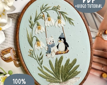 Polar Bear & Penguin Embroidery Pattern, Snowdrop Flower PDF + Video Tutorial
