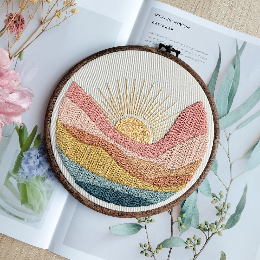 Mountains and Sun Embroidery Hoop Art, Finished Embroidery, Wall Art