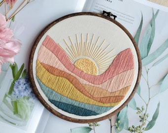 Mountains and sun Embroidery Hoop art, Finished embroidery, wall art Decor