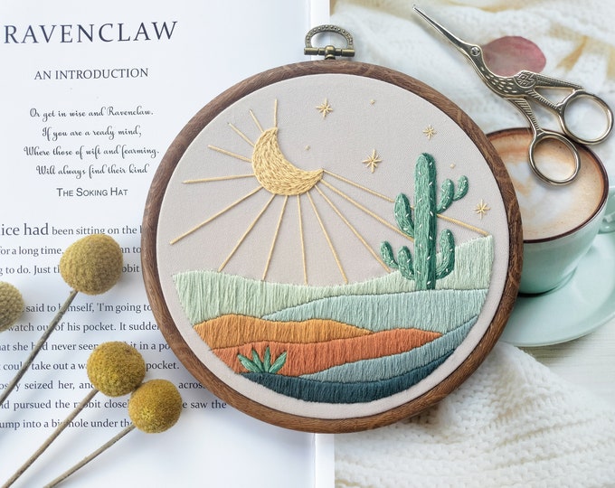 Mountains, moon and cactus Embroidery Hoop art, Finished embroidery, wall art Decor