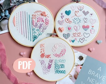 Triple Embroidery Pattern: Heart, Floral, and Love Stitch (PDF Pattern)