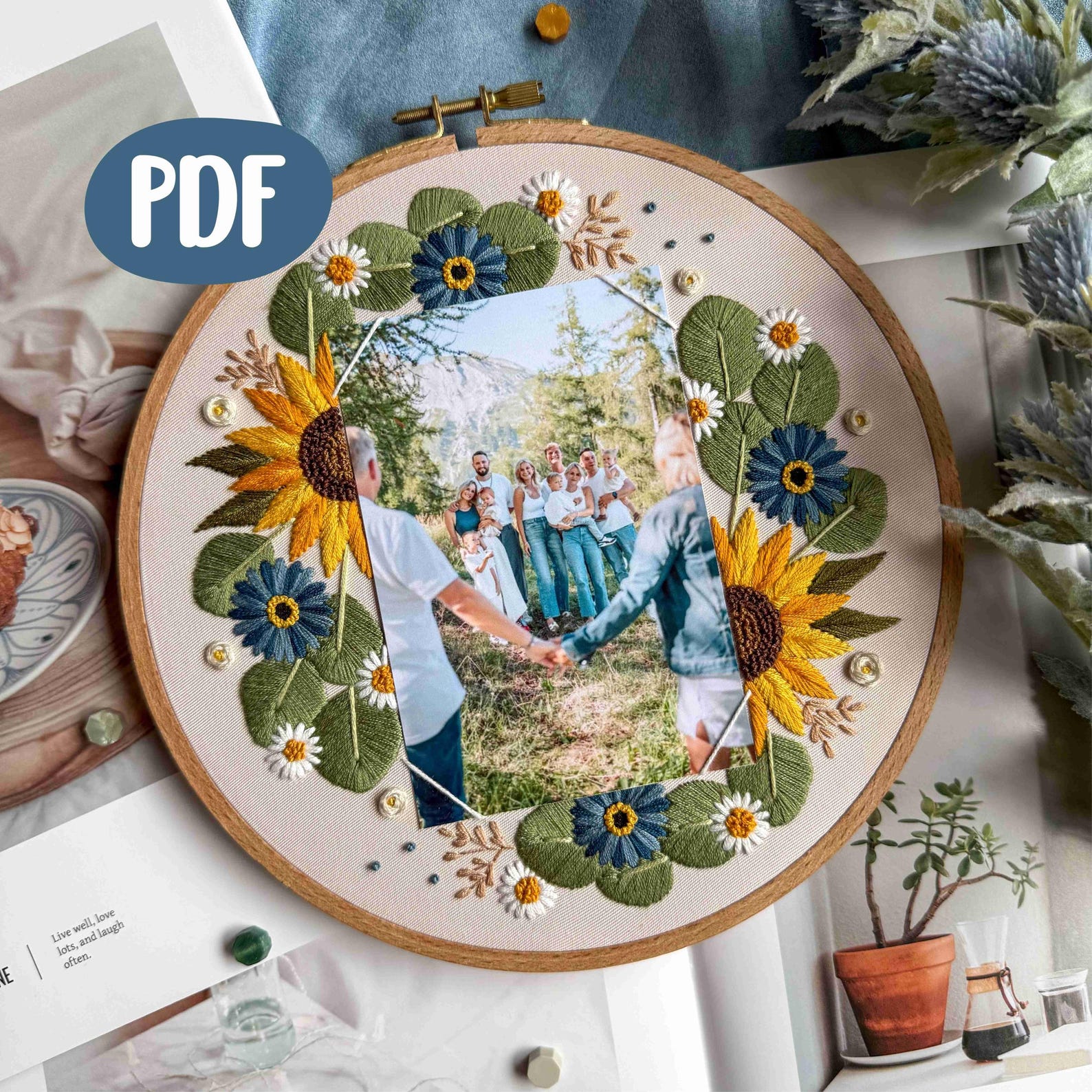 Photo Frame Embroidery Pattern Floral Photo Frame Embroidery Pattern, Wedding Keepsake DIY, Sunflower ...
