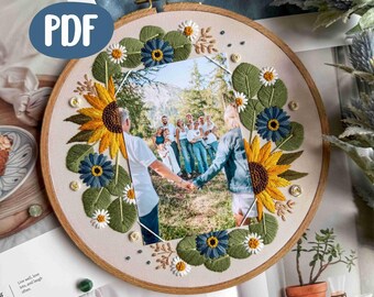 Floral Photo Frame Embroidery Pattern, Sunflower DIY Wedding Gift (PDF)