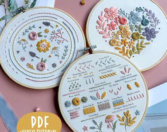 Beginner Floral Embroidery Pattern, 3 Designs, PDF + Video Tutorial