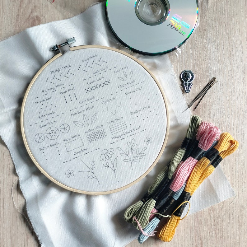 May include: A white embroidery hoop with a variety of embroidery stitches and floral designs drawn on the fabric. The hoop is surrounded by several spools of embroidery floss in various colors.