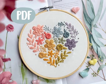 Floral Heart Embroidery Pattern: Beginner Hand Stitch Design (PDF Download)