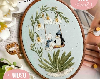 Polar Bear and Penguin DIY Embroidery KIT - Snowdrop Flower Swing Hand Embroidery Design