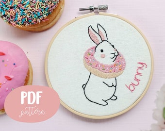 Donut Bunny Embroidery design, nursery, Rabbit, Pdf Pattern, Digital Download PDF + Detailed Video Tutorials and Instructions for Beginners