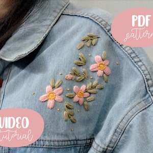 Flower Embroidery Pattern for denim jacket for beginner + Video tutorial