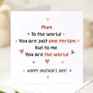 Tarjeta del Día de la Madre para mamá, regalo significativo para ella, "Eres mi mundo", tarjeta de agradecimiento sentimental para una madre amorosa, regalo de recuerdo para mamá