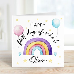 Tarjeta personalizada del primer día en la escuela Secundaria Regreso a la escuela Primaria Recepción Guardería Tarjeta de regalo del primer día Nueva tarjeta escolar buena suerte Arco iris
