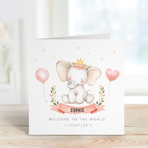 Nouvelle carte pour bébé avec le nom et la date du bébé Rose Bleu Ballon éléphant Bienvenue dans le monde Carte de voeux bébé animal mignon bébé garçon fille nouveau-né