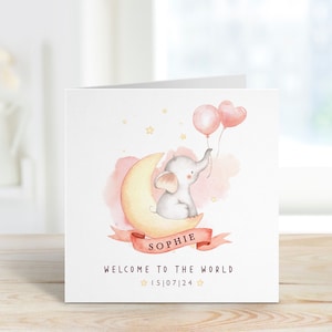 Nueva tarjeta de bebé personalizada con nombre y fecha del bebé Rosa o Azul Bienvenido al mundo Lindo bebé animal tarjeta de felicitación bebé niño niña recién nacido