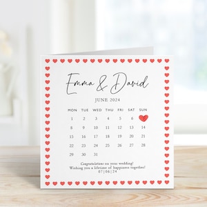 Personalisierte Hochzeitskarte mit Namen, Text und Datum. Herzlichen Glückwunsch zu Ihrem Hochzeitstag. Kalender-Grußkarten für ein Brautpaar als Geschenk