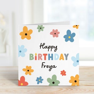 Linda tarjeta de cumpleaños con flores de colores Tarjeta para su niña niños adolescente adulto Personalizado con nombre amigo tarjeta de regalo de feliz cumpleaños